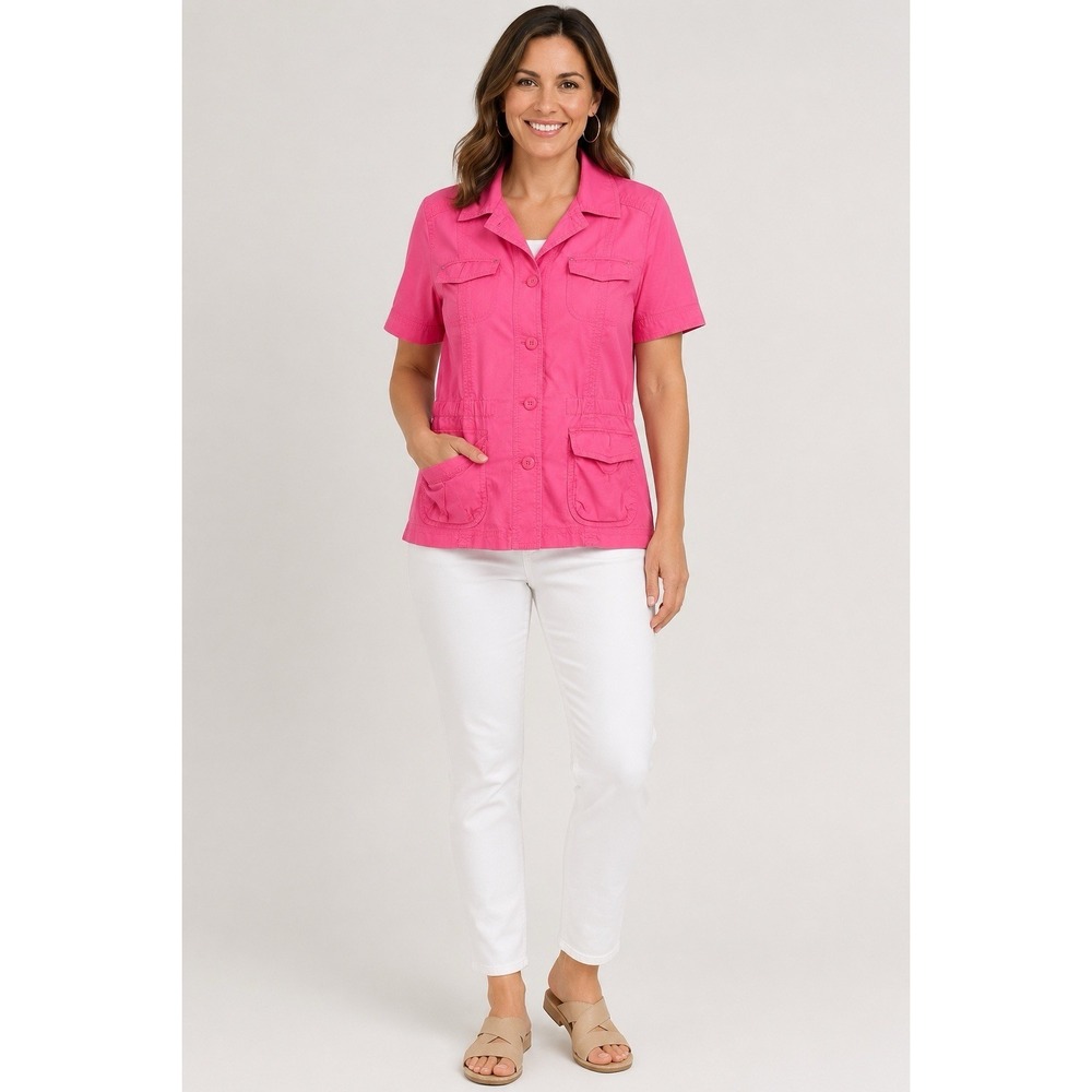 Chico's Hot Pink Cargo Jacket Women's Sz 1 (US M) Button Front Utility Pockets‎